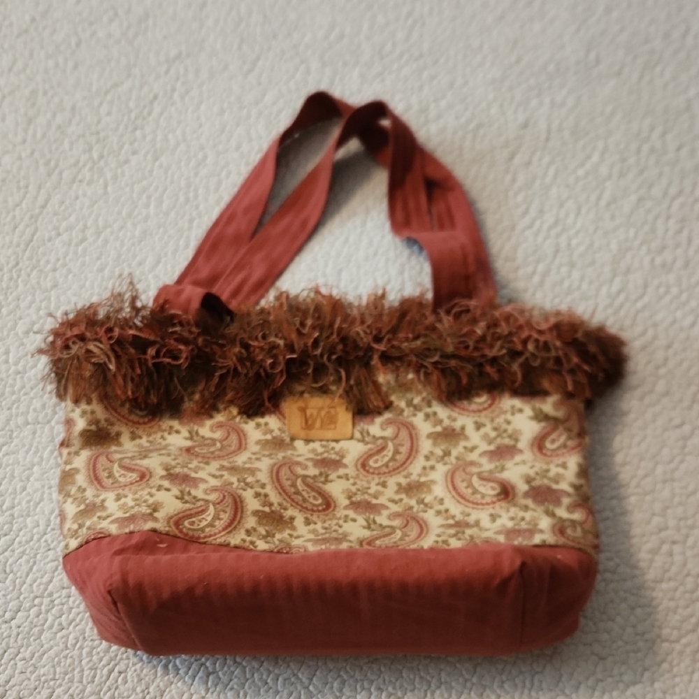 Vintage 80's Boho Paisley Floral Print Fringe Burlap Lined Shoulder Bag Festival
